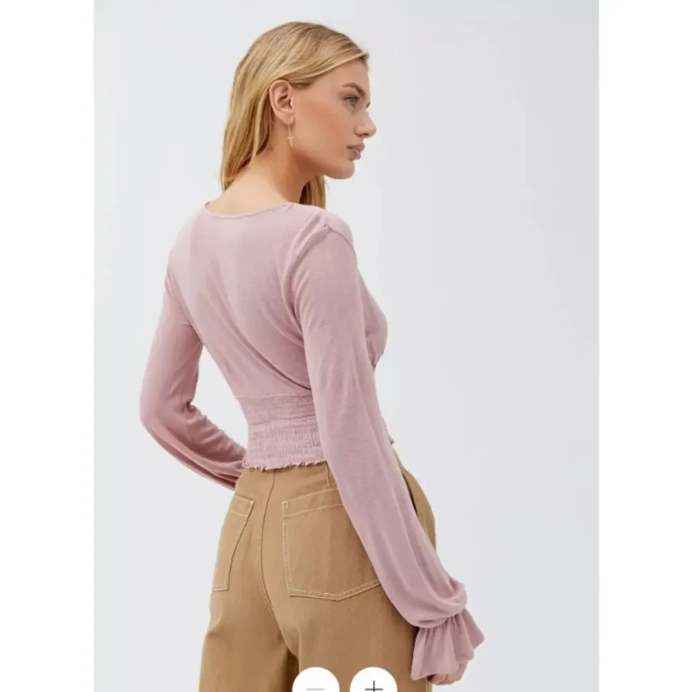 Urban Outfitters Taran Smocked Surplice Cropped Top Long Sleeve Sz S - Picture 2 of 8